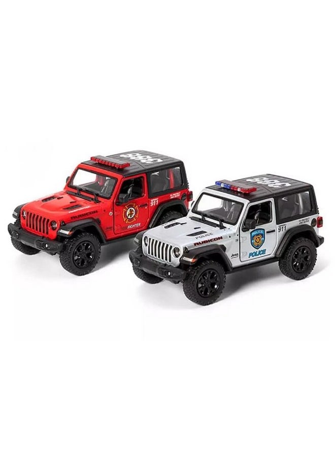 Kinsmart KiNSMART - Jeep Wrangler Rubicon Off Road 4x4 5 inch 1:34 Scale Die Cast Model Replica Toy Car Set of 2 Police & Rescue Edition  - Image 1
