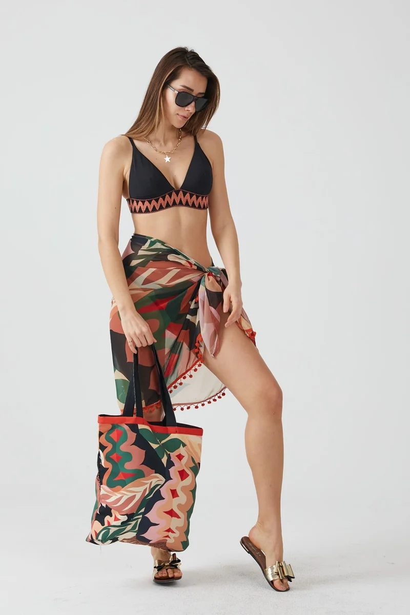 ايس هوم Fashion Tropical Pattern Pompom Pareo Beach Dress