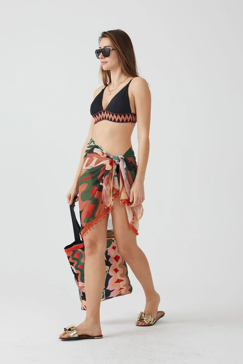 ايس هوم Fashion Tropical Pattern Pompom Pareo Beach Dress