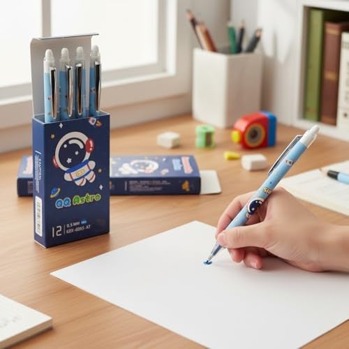 KRySt Astronaut Theme Retractable Gel Pens – 0.5 mm Smooth Writing Erasable Pens for Kids (Boys & Girls), Quick-Dry Blue Ink, School & Office Stationery Supplies, Pack of 12 - Image 3