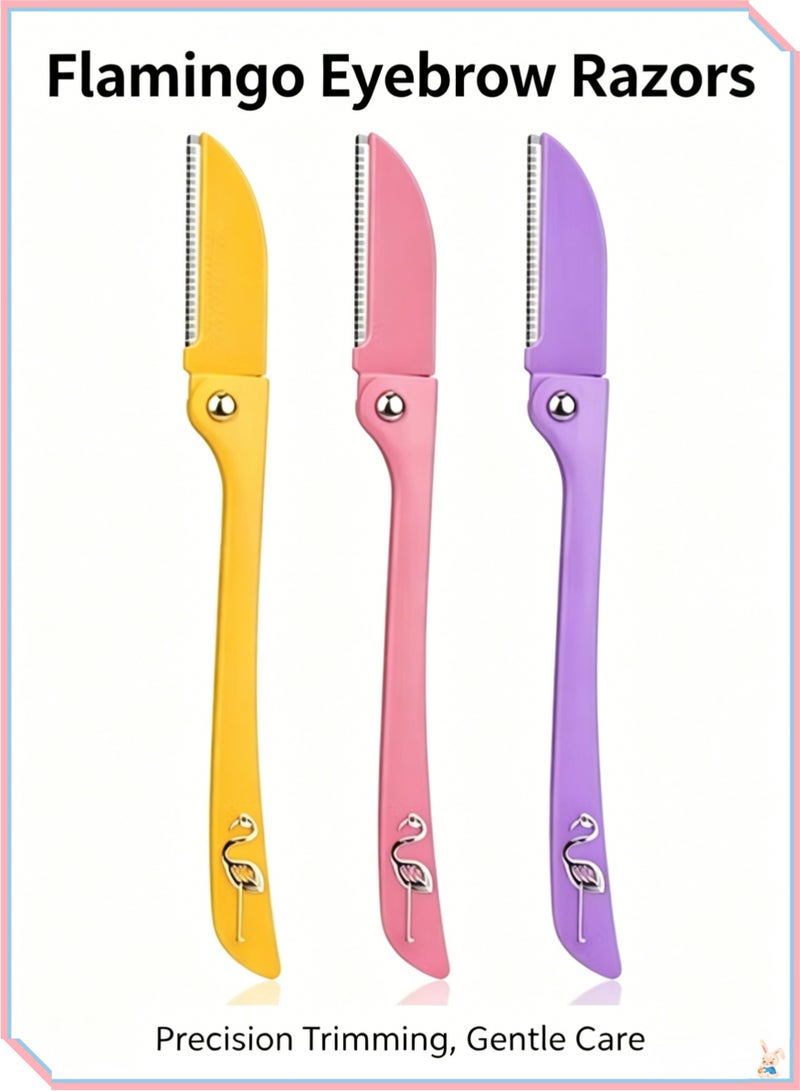 Feather 3-Piece Flamingos Ladies Razor Set For Facial & Body Hair Removal, Yellow/Pink/Purple Portable Women Shaver Kit with Non-Slip Handle, Gentle Painless Trimmer for Eyebrow, Underarm, Leg, Lightweight Travel-Friendly Grooming Shaving Tool for Daily Beauty Care - Image 1
