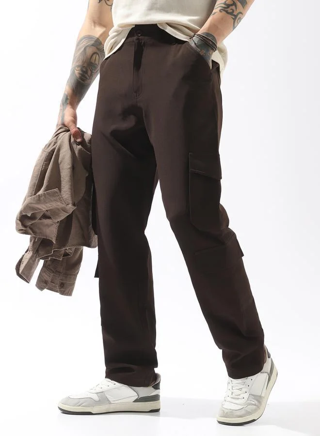 هاي ستار بنطلون كارجو رجالي بني بأزرار وخصر متوسط