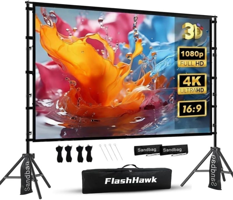 إف إتش شاشة بروجكتر FH Flash Hawk مقاس 100 بوصة 16:9، شاشة عرض محمولة للاستخدام الخارجي والداخلي مع حامل ثلاثي القوائم بارتفاع 2.6 متر - Image 1