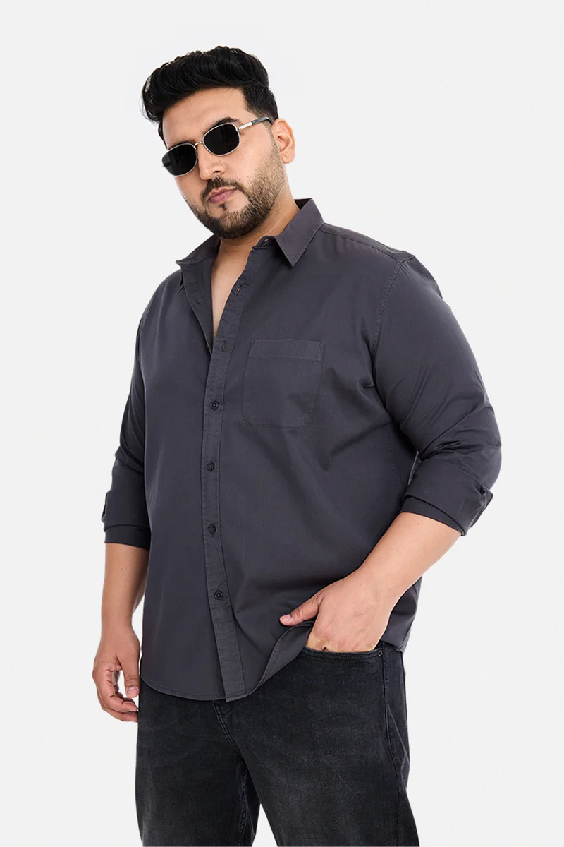 SNITCH Dark Grey Solid Long Sleeve Regular Fit Casual Plus Size Shirt