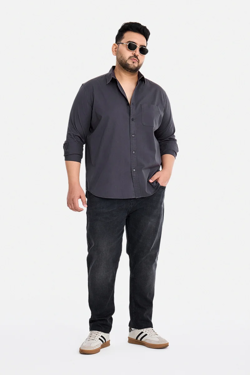 SNITCH Dark Grey Solid Long Sleeve Regular Fit Casual Plus Size Shirt