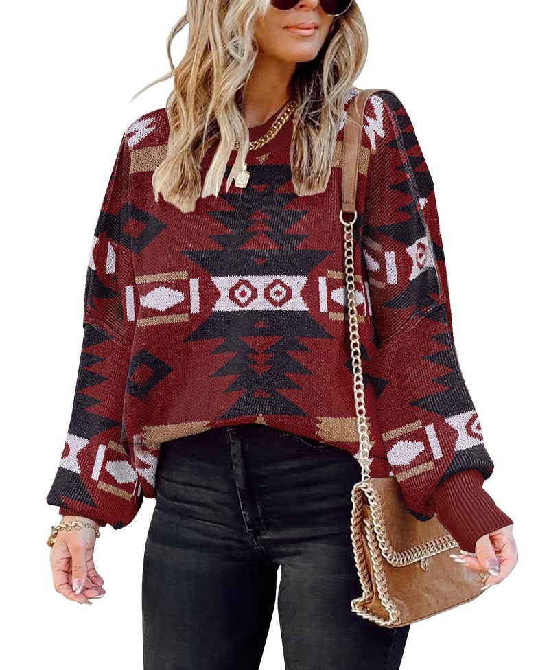ETCYY Womens Oversized Sweaters Fall 2026 Fashion Clothes Trendy Batwing Sleeve Colorblock Striped Knit Pullover Tops,Print Red,Small - Image 1