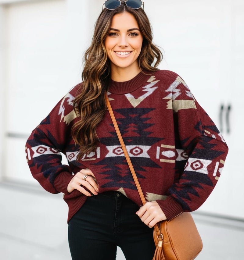 ETCYY Womens Oversized Sweaters Fall 2026 Fashion Clothes Trendy Batwing Sleeve Colorblock Striped Knit Pullover Tops,Print Red,Small - Image 3