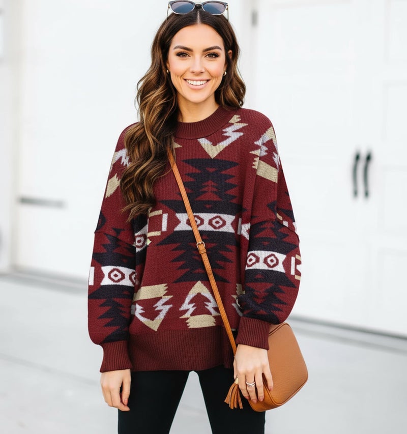 ETCYY Womens Oversized Sweaters Fall 2026 Fashion Clothes Trendy Batwing Sleeve Colorblock Striped Knit Pullover Tops,Print Red,Small - Image 2