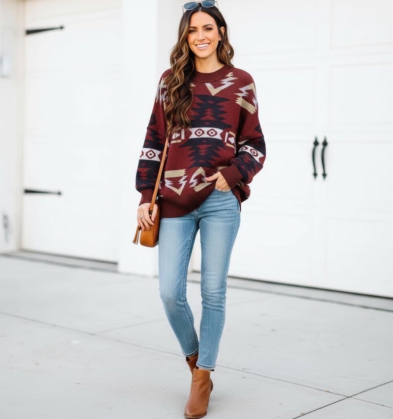 ETCYY Womens Oversized Sweaters Fall 2026 Fashion Clothes Trendy Batwing Sleeve Colorblock Striped Knit Pullover Tops,Print Red,Small - Image 5