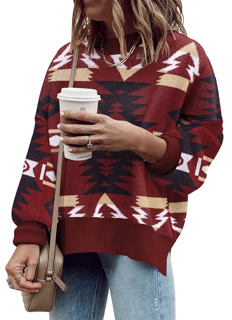 ETCYY Womens Oversized Sweaters Fall 2026 Fashion Clothes Trendy Batwing Sleeve Colorblock Striped Knit Pullover Tops,Print Red,Small - Image 4