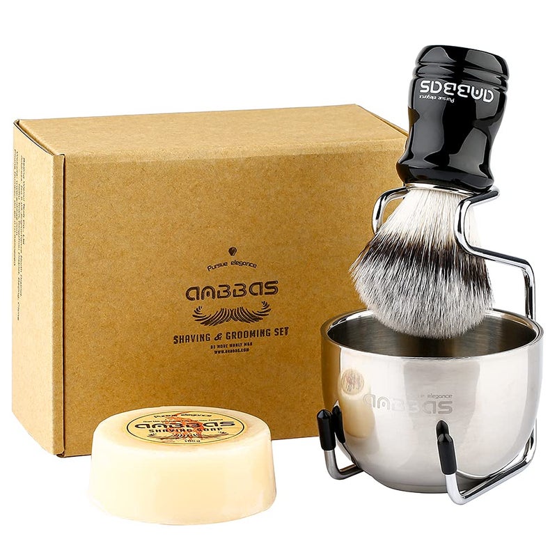 Anbbas Synthetic Badger Hair Shaving BrushStainless Steel Shaving Stand and BowlGoat Milk Shaving Soap 100g for Men Wet Shave Kit