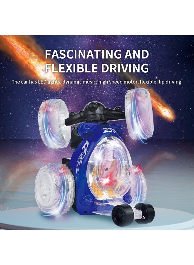 DAT Rechargeable 360° Stunt RC Car with LED Lights & Music, Wheelie Flip – Blue – Ages 3+ - Image 4