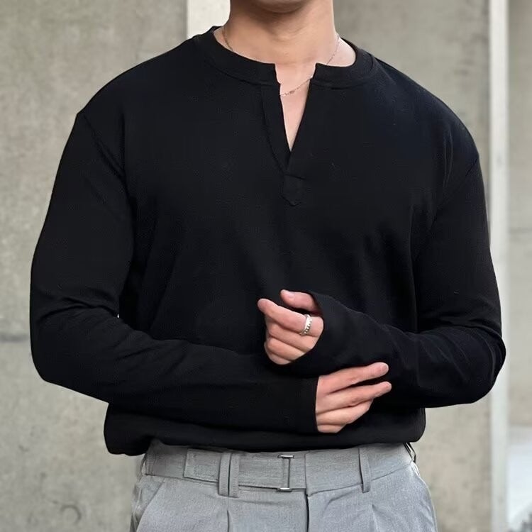 Autumn and Winter V-neck Design Solid Color Long Sleeve Fashionable Threaded Top Casual Base Shirt Fitness Training Quick-drying Men's T-shirt