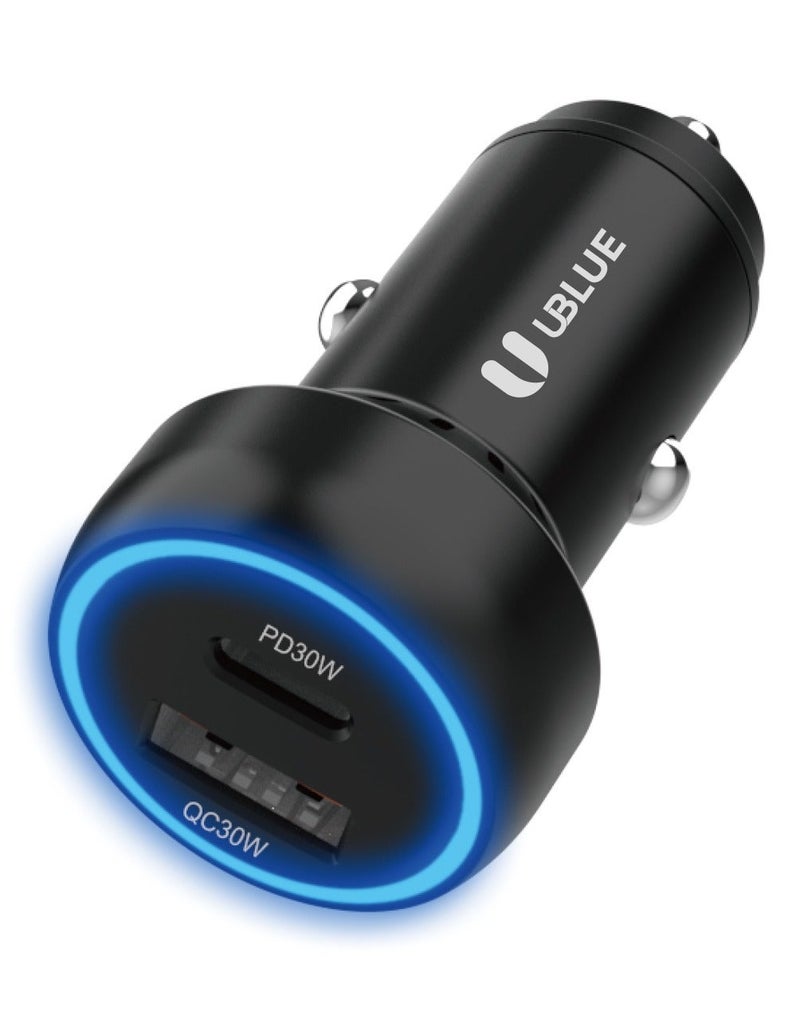 يوبلو شاحن سيارة UBLUE USB-C، 60 واط، منفذان (USB-C + USB-A)، يدعم الشحن السريع PD 3.0 وPPS، والشحن السريع QC 3.0، مصنوع من سبائك الألومنيوم، يعمل بجهد 12-24 فولت تيار مستمر، أسود - Image 2