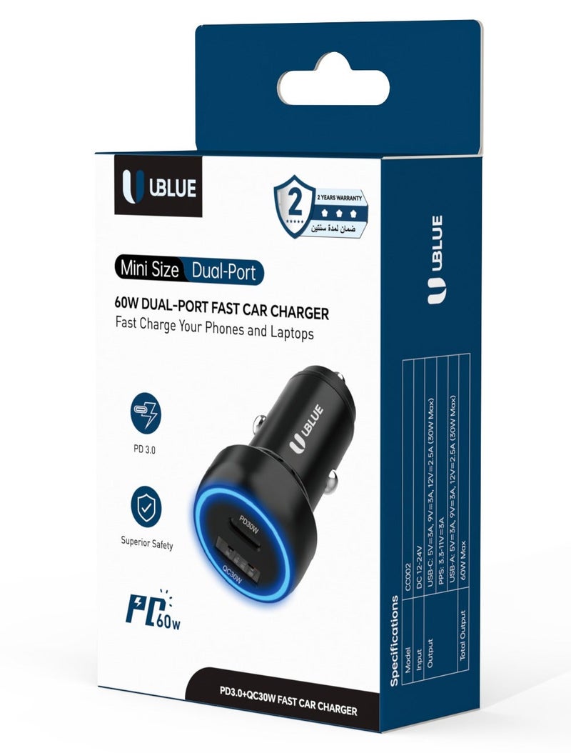 يوبلو شاحن سيارة UBLUE USB-C، 60 واط، منفذان (USB-C + USB-A)، يدعم الشحن السريع PD 3.0 وPPS، والشحن السريع QC 3.0، مصنوع من سبائك الألومنيوم، يعمل بجهد 12-24 فولت تيار مستمر، أسود - Image 3