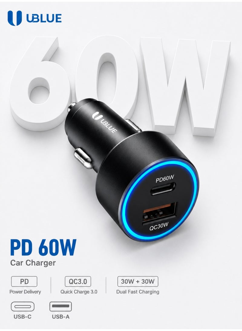 يوبلو شاحن سيارة UBLUE USB-C، 60 واط، منفذان (USB-C + USB-A)، يدعم الشحن السريع PD 3.0 وPPS، والشحن السريع QC 3.0، مصنوع من سبائك الألومنيوم، يعمل بجهد 12-24 فولت تيار مستمر، أسود - Image 1