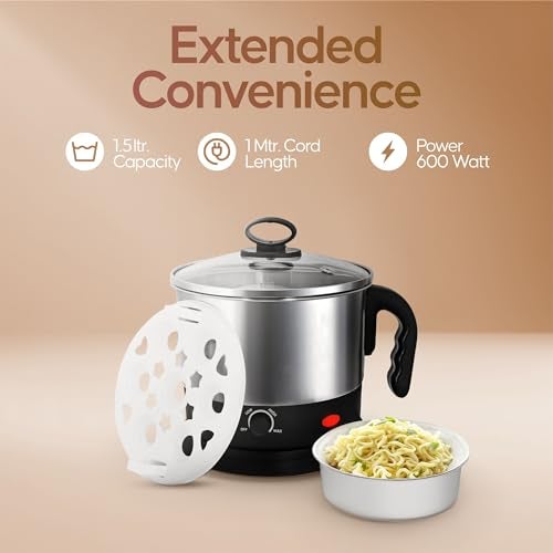 Longway Multipurpose Electric Kettle 1.5 litre, 3 Heating Modes Stainless Steel Body with Glass Lid, kettle for hot Water, Milk, Tea and Coffee, Noodles, Soup, Rice, Egg Boiling | Black & Silver - Image 4