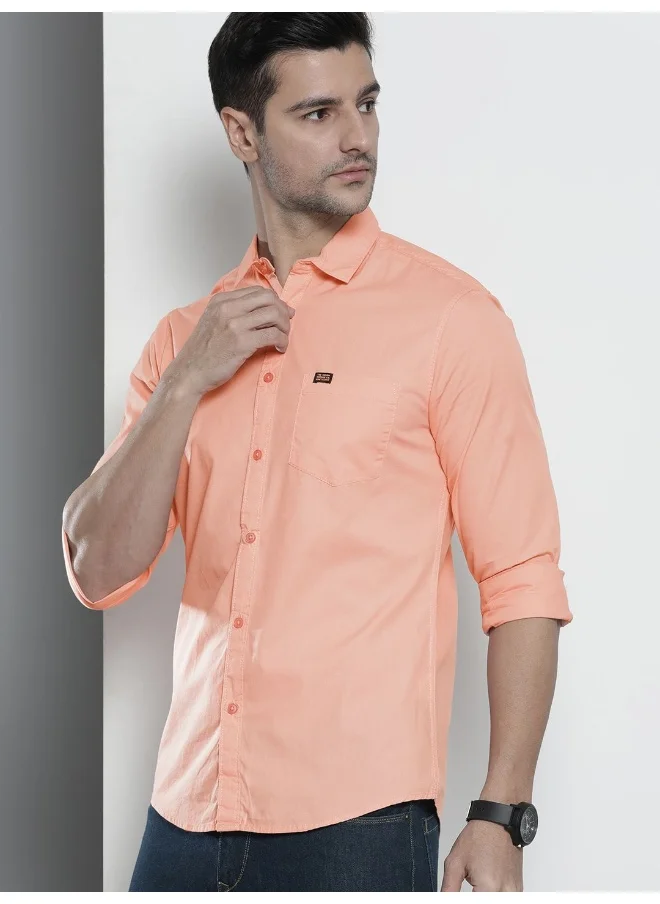 The Indian Garage Co Peach Slim Fit Casual Solid Spread Collar Full Sleeves Cotton Shirt