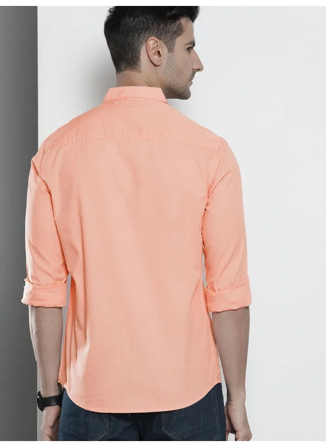 شركة المرآب الهندية Peach Slim Fit Casual Solid Spread Collar Full Sleeves Cotton Shirt