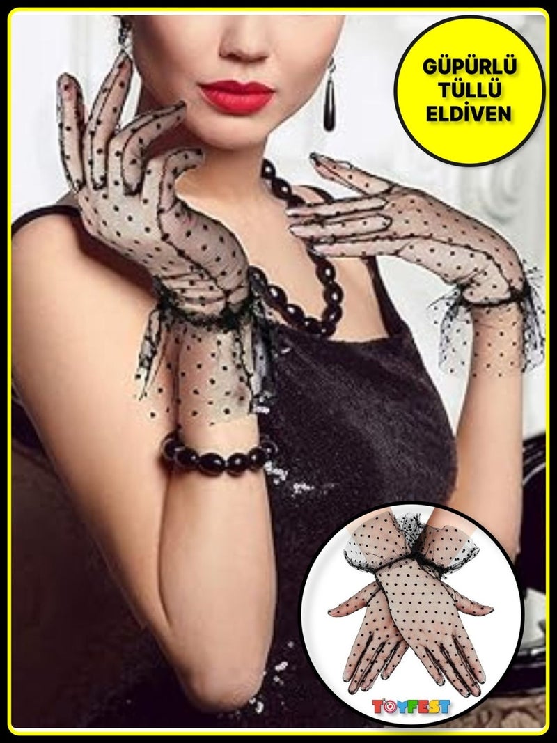 Toyfest Laced Tulle Polka Dot Transparent Party Costume Henna Wedding & Bridal Gloves Black  - Image 1