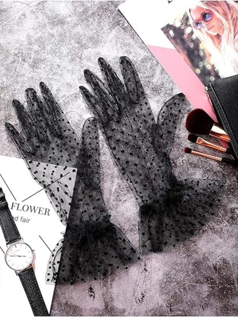 Toyfest Laced Tulle Polka Dot Transparent Party Costume Henna Wedding & Bridal Gloves Black  - Image 3