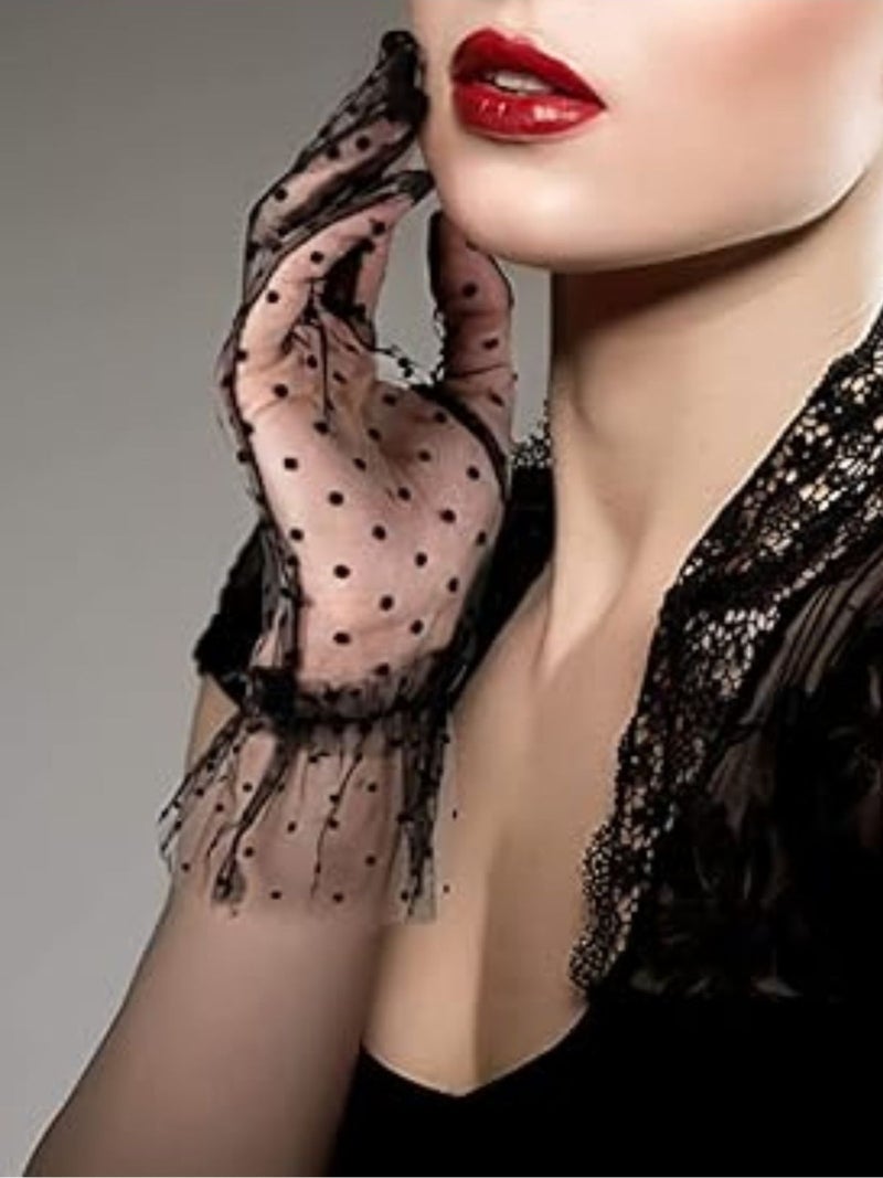 Toyfest Laced Tulle Polka Dot Transparent Party Costume Henna Wedding & Bridal Gloves Black  - Image 2