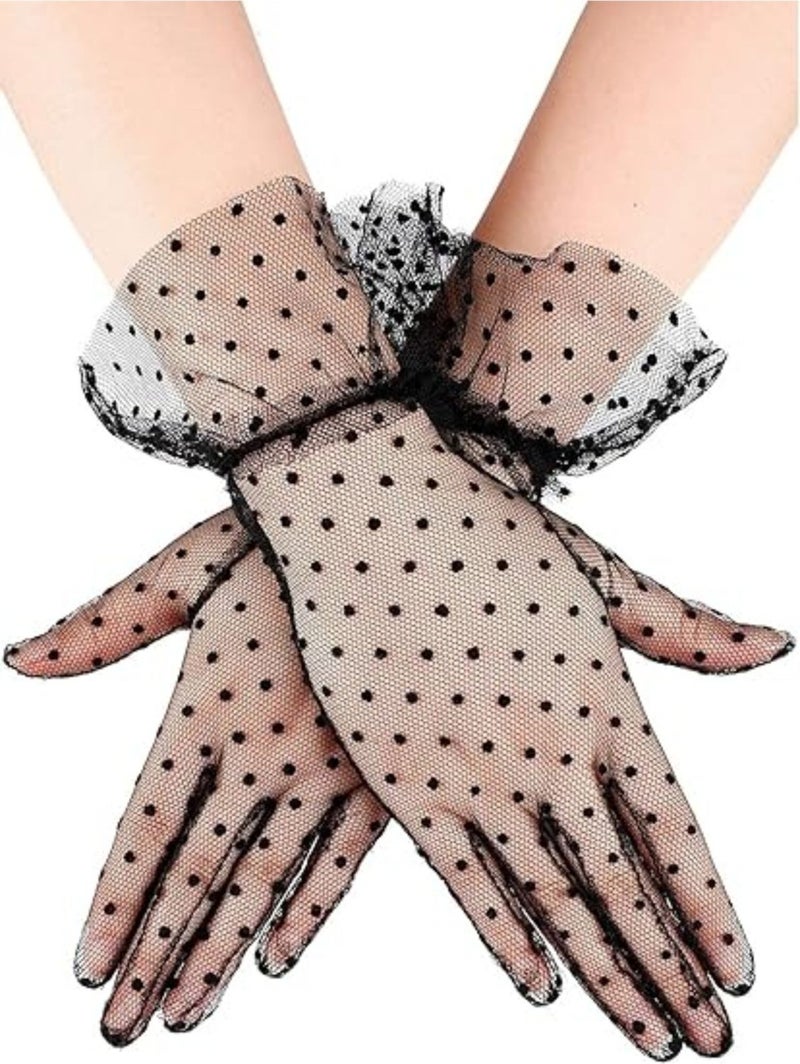Toyfest Laced Tulle Polka Dot Transparent Party Costume Henna Wedding & Bridal Gloves Black  - Image 4