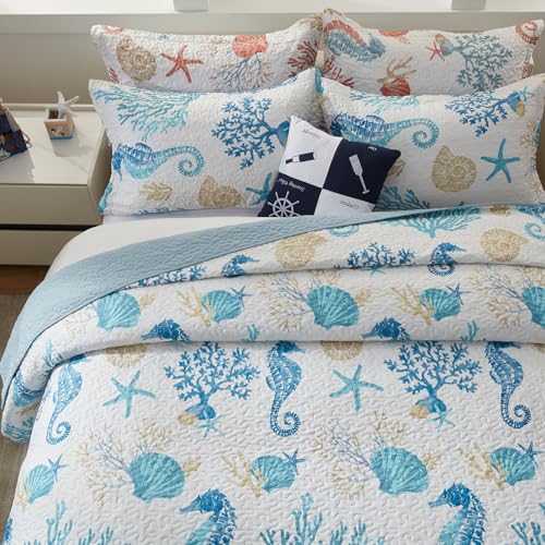 LEAONME Coastal Quilt Set Full/Queen Size - Lightweight Microfiber Reversible Bedspread, 90''x98'', Sky Blue, Includes 2 Shams - Image 4