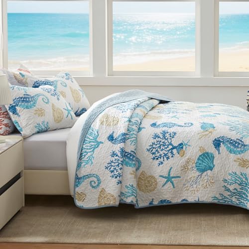 LEAONME Coastal Quilt Set Full/Queen Size - Lightweight Microfiber Reversible Bedspread, 90''x98'', Sky Blue, Includes 2 Shams - Image 3