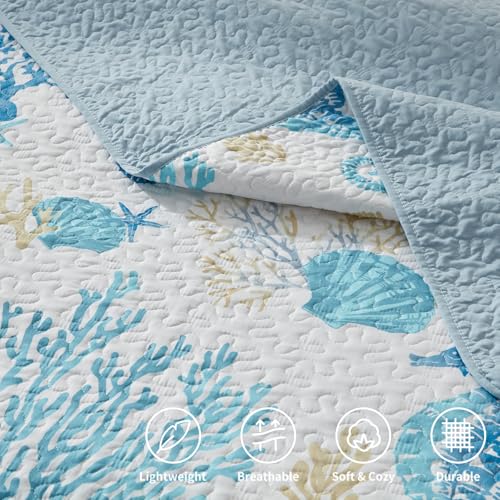 LEAONME Coastal Quilt Set Full/Queen Size - Lightweight Microfiber Reversible Bedspread, 90''x98'', Sky Blue, Includes 2 Shams - Image 5