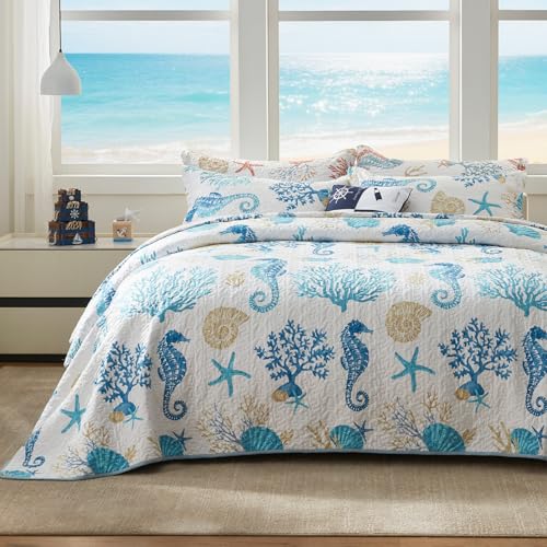 LEAONME Coastal Quilt Set Full/Queen Size - Lightweight Microfiber Reversible Bedspread, 90''x98'', Sky Blue, Includes 2 Shams - Image 1