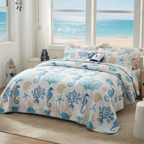LEAONME Coastal Quilt Set Full/Queen Size - Lightweight Microfiber Reversible Bedspread, 90''x98'', Sky Blue, Includes 2 Shams - Image 2