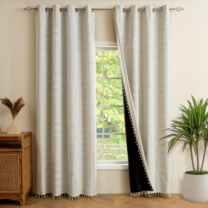 ColorBird Blackout Beige Boho Curtains 2 Panels 96 Inches Long Thermal Insulated Bohemian Aztec Window Treatment Patterned Western Black Out Curtain Drapes for Living Room Bedroom Sliding Door - Image 1