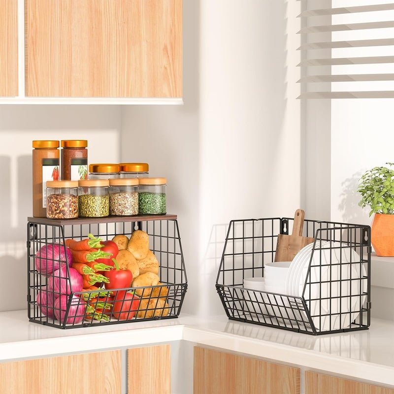 Wawocs 2 Tier Fruit Bowl Fruit Basket for Kitchen Counter Stackable Wall Mounted Hanging Basket Wire Baskets with Wood Lid with 4 Banana Hanger Hooks, Onion Basket, Fruit and Vegetable Storage - Image 4