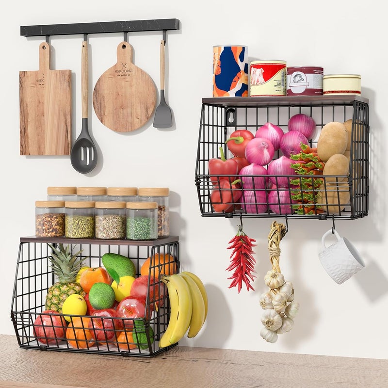 Wawocs 2 Tier Fruit Bowl Fruit Basket for Kitchen Counter Stackable Wall Mounted Hanging Basket Wire Baskets with Wood Lid with 4 Banana Hanger Hooks, Onion Basket, Fruit and Vegetable Storage - Image 3