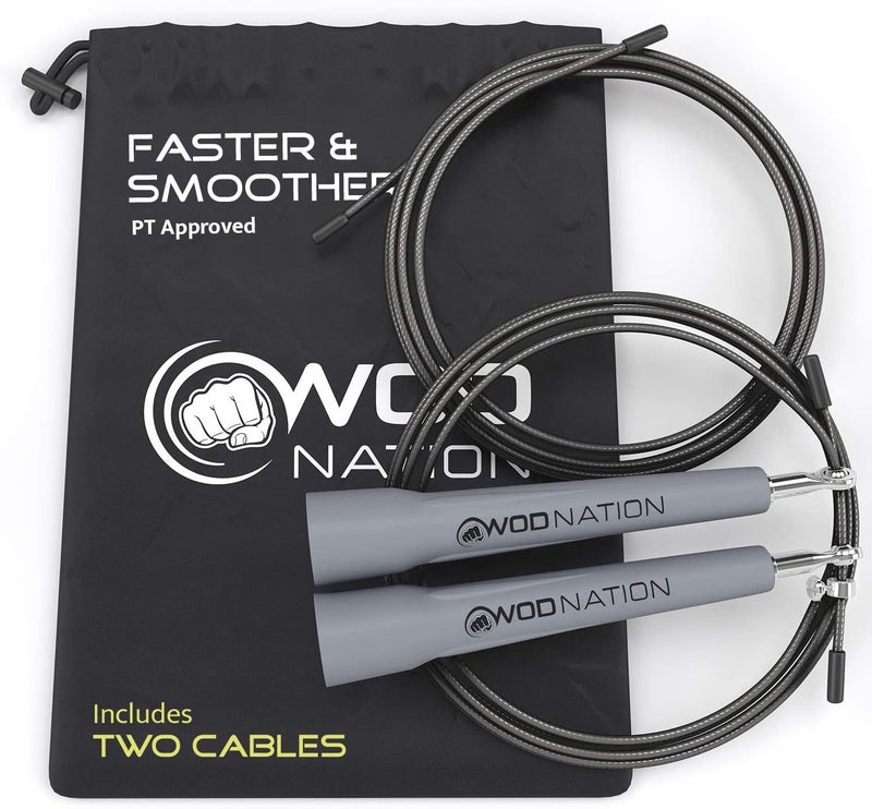 WOD Nation حبل قفز قابل للتعديل من WOD Nation - رمادي، حبل سرعة كلاسيكي - معدات صالة رياضية منزلية وتمارين للياقة البدنية، الملاكمة، MMA والتمارين القلبية - معدات تمارين للرجال والنساء والأطفال - Image 1