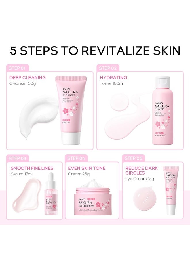 Skin Care Set JAPAN SAKURA Women Beauty Gift Sets Skin Care Kit with Cleanser, Toner, Serum, Eye Cream, Face Cream