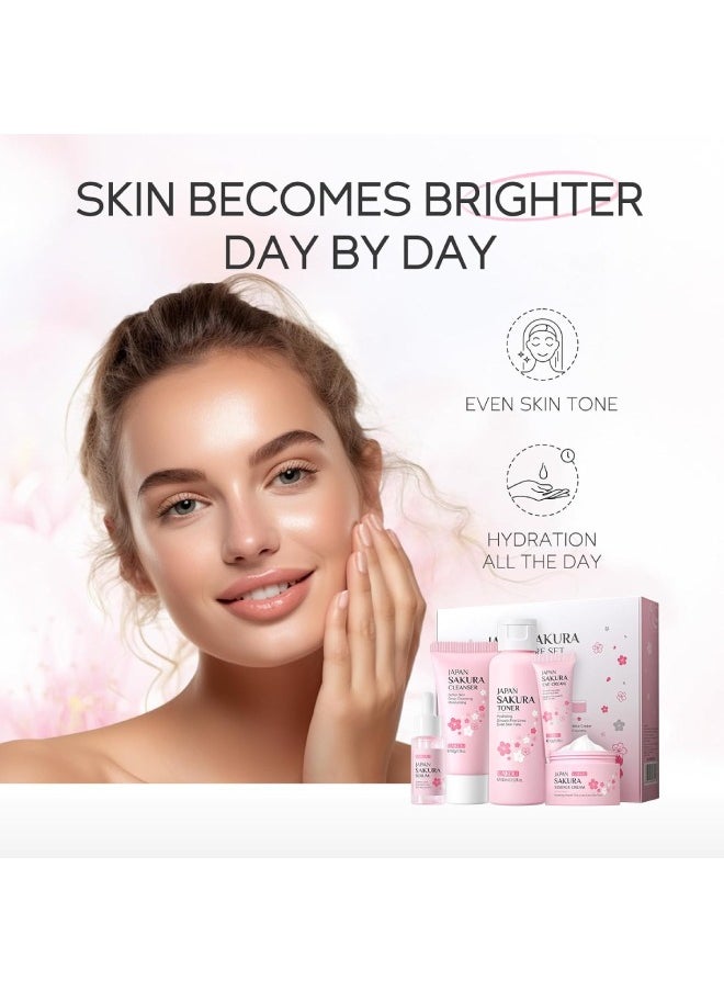 Skin Care Set JAPAN SAKURA Women Beauty Gift Sets Skin Care Kit with Cleanser, Toner, Serum, Eye Cream, Face Cream