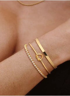SYNSYB Elegant 14K Gold Plated Tennis Bracelet Set - Includes Cubic Zirconia, Simple Band, and Love Knot Bracelets - Ideal Gift for Women with Luxury Gift Box  - Image 4