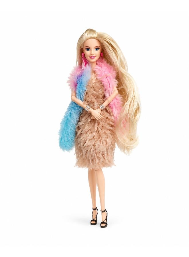 Fashion Doll with Brown Dress and Colorful Faux-Fur Coat