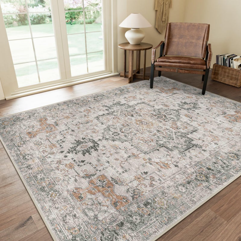 GENIMO 5X7 Area Rugs for Living Room, Machine Washable Non Slip Vintage Rugs, Low Pile Lightweight Chenille Print Rug for Bedroom, Dining Room, Home Office, Light Taupe Brown - Image 1