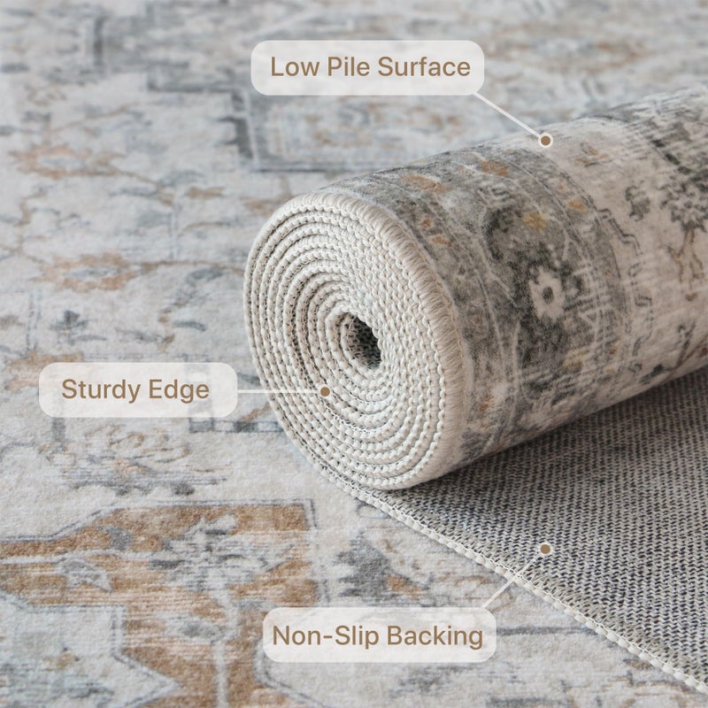 GENIMO 5X7 Area Rugs for Living Room, Machine Washable Non Slip Vintage Rugs, Low Pile Lightweight Chenille Print Rug for Bedroom, Dining Room, Home Office, Light Taupe Brown - Image 4