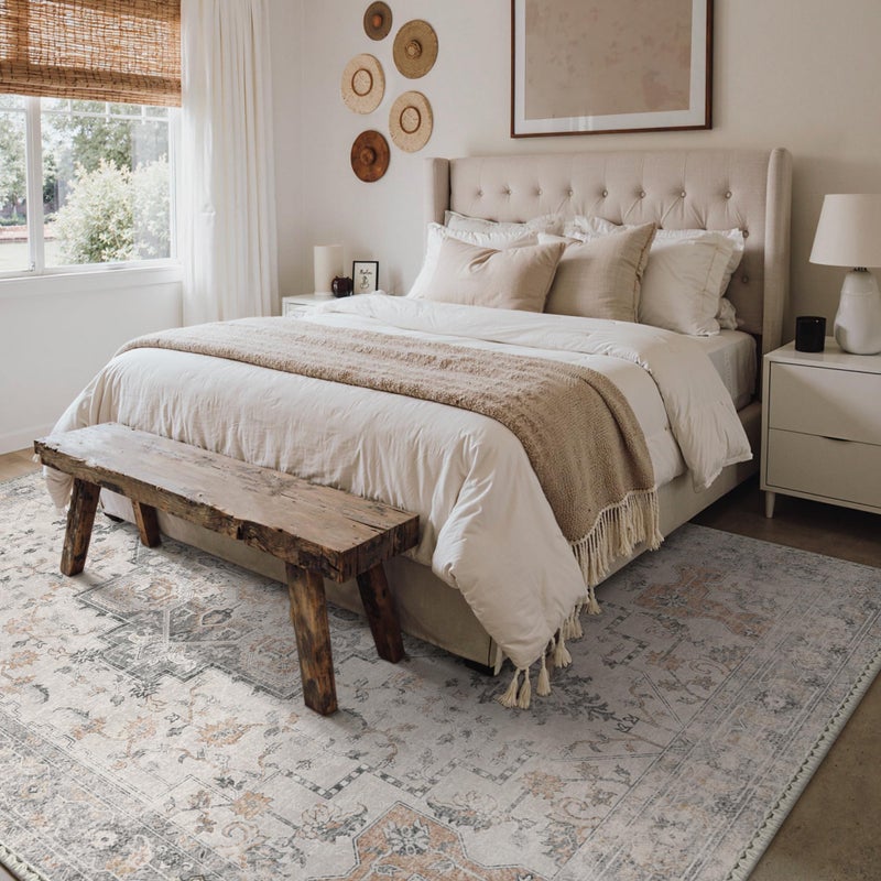 GENIMO 5X7 Area Rugs for Living Room, Machine Washable Non Slip Vintage Rugs, Low Pile Lightweight Chenille Print Rug for Bedroom, Dining Room, Home Office, Light Taupe Brown - Image 2