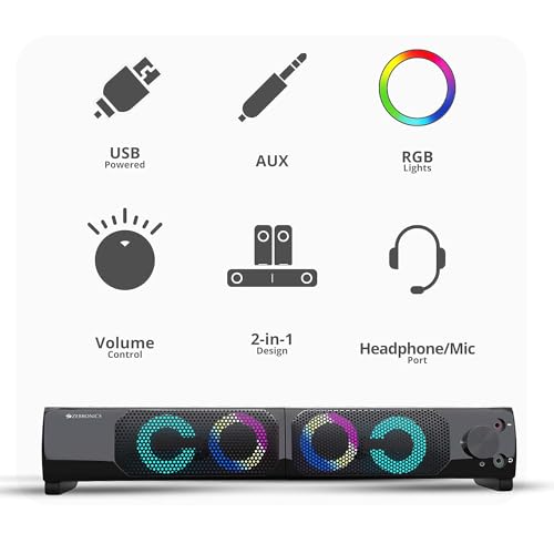 ZEBRONICS Wonder BAR 10, 2.0 USB Computer Speakers, 10 Watts, 2-in-1 Design, USB Powered, RGB Lights, AUX, Volume Control, Headphone/Mic Port, for Laptops & Desktop - Image 5