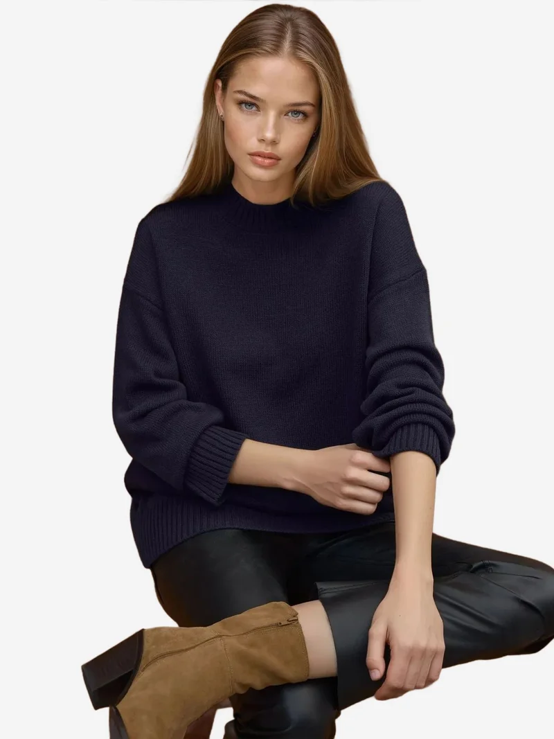 HICCUP Thick Knit Crew Neck Long Sweater