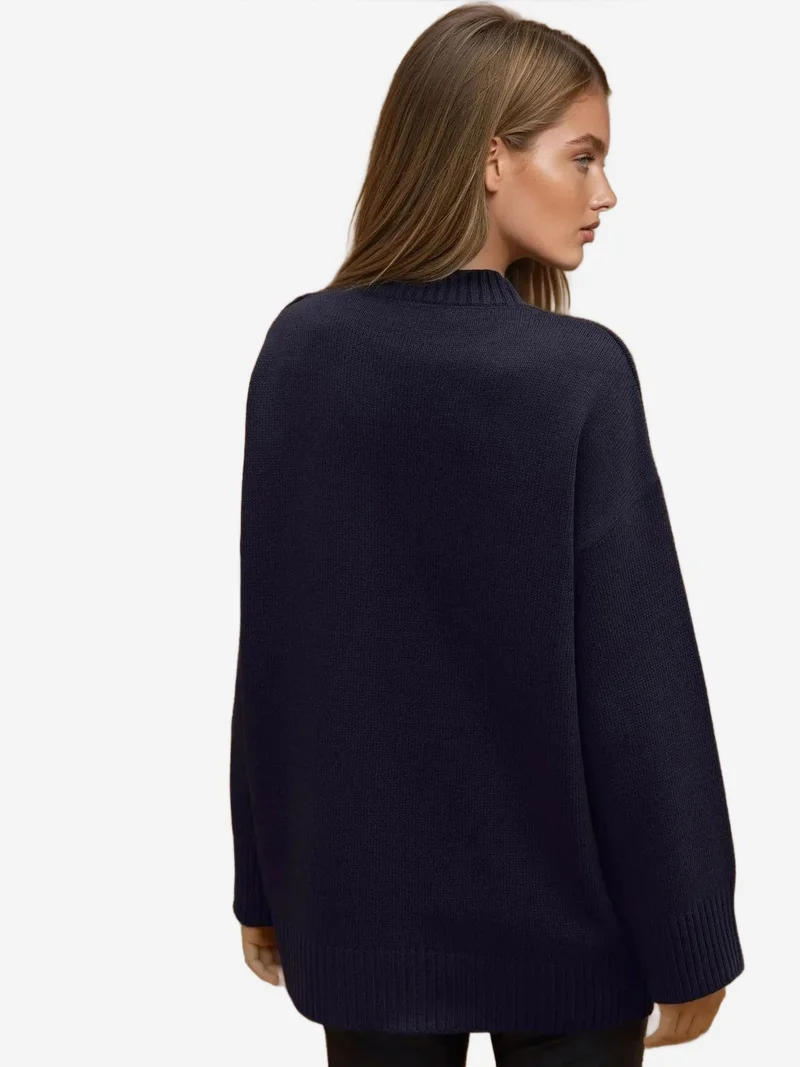 Hiccup Midnight Blue Thick Knit Crew Neck Long Sweater for Women | Best Price UAE