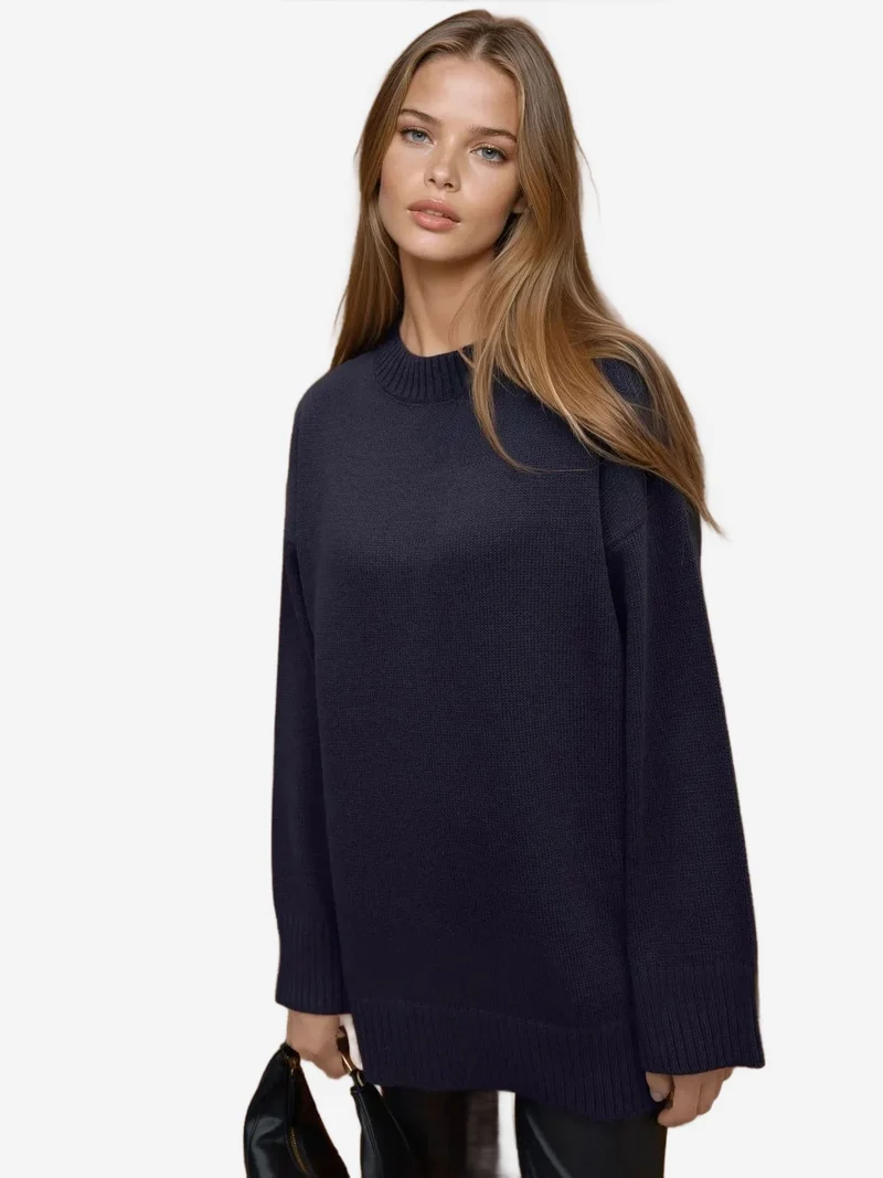 Hiccup Midnight Blue Thick Knit Crew Neck Long Sweater for Women | Best Price UAE