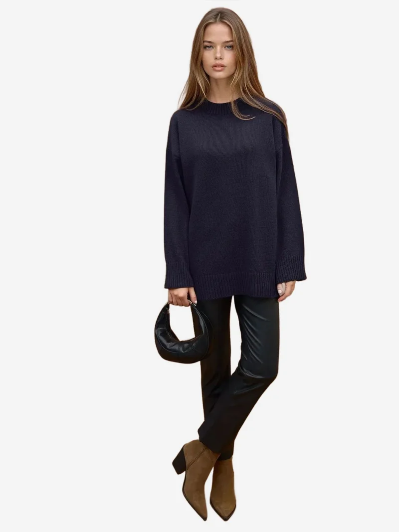Hiccup Midnight Blue Thick Knit Crew Neck Long Sweater for Women | Best Price UAE