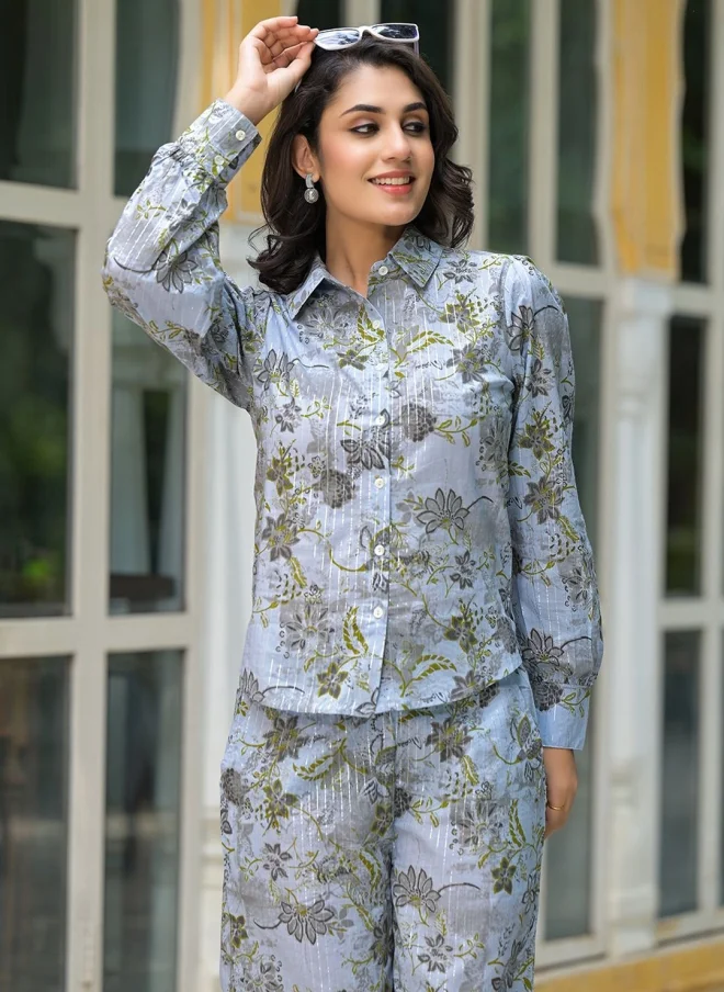 أيه كيه إس طقم قميص وبنطلون بالازو قطن بطبعة زهور للنساء