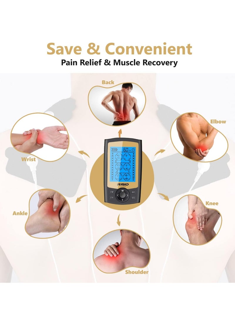 RIGID FITNESS - TENS EMS Muscle Stimulator With 24 Massage Modes - Pain Relief Massager, Nerve & Muscle Activation - Includes 10 Electrode Pads & Carry Bag - For Better Blood Flow, Relaxation & Recovery - Image 1